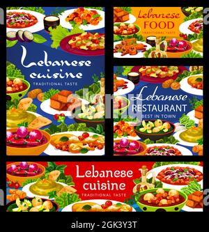 Cuisine libanaise et plats arabes vectoriels de potages de légumes, houmous, ragoût de haricots. Fromage halloumi, boulettes de viande d'agneau Kofta et gâteau sfouf Illustration de Vecteur