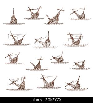 Les voiliers et voiliers en contrebas esquissés, les épaves de bateaux vectoriels ou les épaves de navires. Brisés noyés ou naufrages de navires dans la mer ou les vagues de l'océan, vintage tiré à la main Illustration de Vecteur