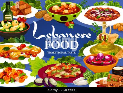 Le menu libanais propose des plats vectoriels de cuisine arabe. Houmous, soupes de boulettes de légumes et ragoût de haricots, boulettes de viande d'agneau, gâteau et fattoush Illustration de Vecteur