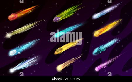 Comètes d'espace de dessin animé, astéroïdes, météores, ressource de jeu de météorites. Des boules de feu à la lueur de la chute avec un sentier de flamme sur fond de ciel étoilé. Ensemble de vecteurs de fl Illustration de Vecteur