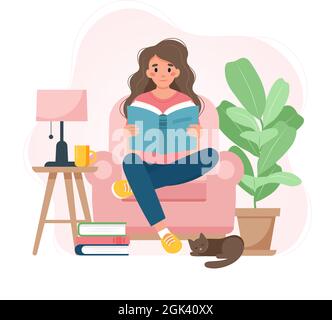 Femme lisant un livre sur une chaise, se détendant à la maison. Jolie illustration vectorielle de style plat Illustration de Vecteur