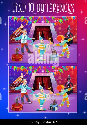 Trouvez le jeu différences pour enfants avec des clowns de cirque sur scène. Puzzle vectoriel de la formation du cerveau, la mémoire et l'énigme de l'attention, modèle de feuille de travail d'éducation WIT Illustration de Vecteur