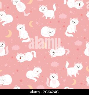 Motif chats avec lune, étoiles et nuages. Joli chat blanc dans un style de dessin animé, illustration vectorielle Illustration de Vecteur