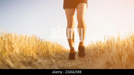 L'athlète court le long de la route à travers un champ de blé. Banque D'Images