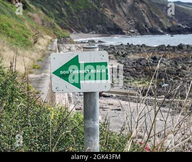 Panneau indiquant une plage où les chiens sont les bienvenus à Portwrinkle, sur la péninsule de Rame, dans les Cornouailles. En fait, le panneau est dirigé vers l'intérieur des terres. Banque D'Images