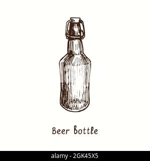 Bouteille de bière avec couvercle sur fil. Dessin d'une boisée noire et blanche à l'encre. Banque D'Images