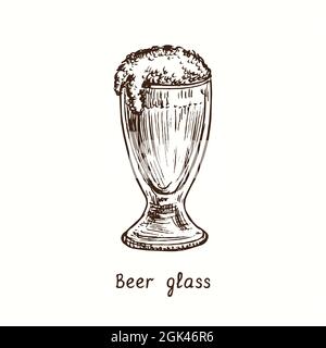 Goélette en verre à bière. Dessin d'une boisée noire et blanche à l'encre. Banque D'Images