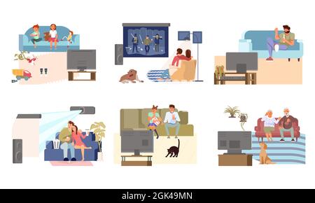 Ensemble de différentes personnes assis sur différents types de canapé et regarder la télévision dans la maison intérieur de la chambre. Illustration de vecteur d'art plat Illustration de Vecteur