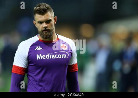 Bergame, Italie. 11 septembre 2021. Bartlomiej Dragowski de l'AFC Fiorentina regarde pendant le Serie Un match entre Atalanta BC et ACF Fiorentina. Banque D'Images