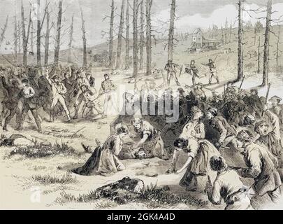 Les émeutes du charbon à Scranton, en Pennsylvanie, aux États-Unis. Une rencontre de travailleurs près de la Dodge Shaft à Hyde Park a attaqué et dispersé par des mineurs gallois immigrants et leurs épouses le 9 mai 1871. Après un travail de Joseph Becker dans le journal illustré de Frank Leslie. Banque D'Images