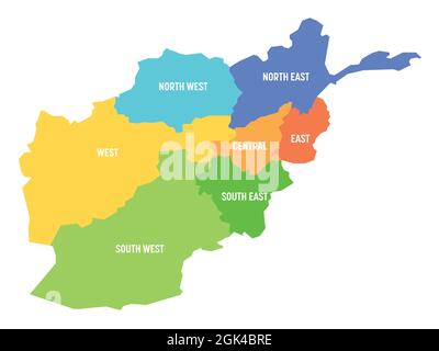 Carte politique de l'Afghanistan divisée en 7 régions. Carte vectorielle plate simple avec étiquettes. Illustration de Vecteur