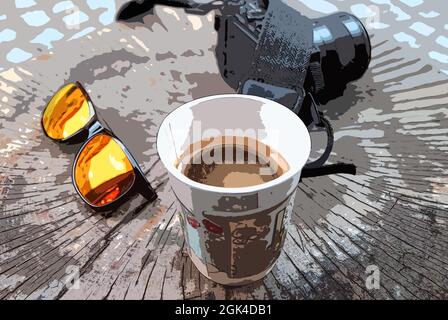 Illustration d'une tasse de café chaud sur une table de Stump d'arbre avec appareil photo et lunettes de soleil Banque D'Images