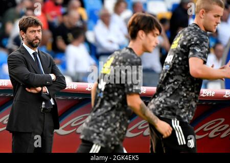 Naples, Italie. 11 septembre 2021. Andrea Agnelli, présidente de Juventus, se penche sur l'échauffement lors du match de football Serie A entre la SSC Napoli et le Juventus FC au stade Diego Armando Maradona à Naples (Italie), le 11 septembre 2021. Photo Andrea Staccioli/Insidefoto crédit: Insidefoto srl/Alamy Live News Banque D'Images