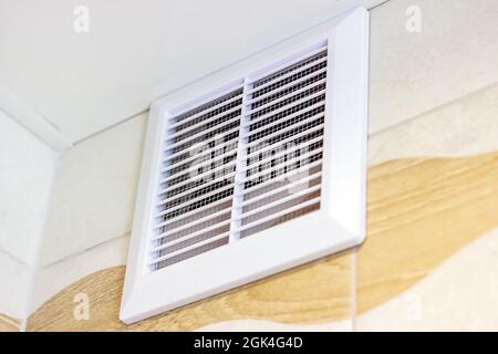 Panneau de ventilation en plastique blanc dans la salle de bains pour la circulation de l'air. Banque D'Images