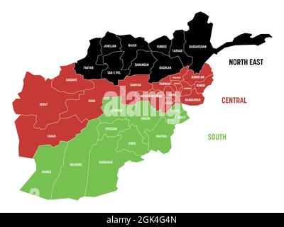 Carte politique de l'Afghanistan aux couleurs du drapeau national. Provinces administratives divisées en 3 régions. Carte vectorielle plate simple avec étiquettes. Illustration de Vecteur