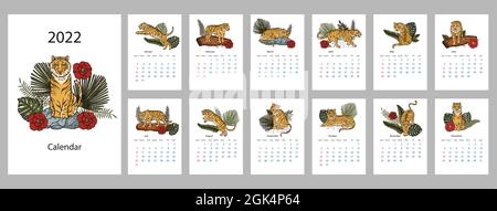 Calendrier Tiger 2022. Modèle imprimable du nouvel an chinois. Dessin animé animal date mois vacances vecteur conception Illustration de Vecteur