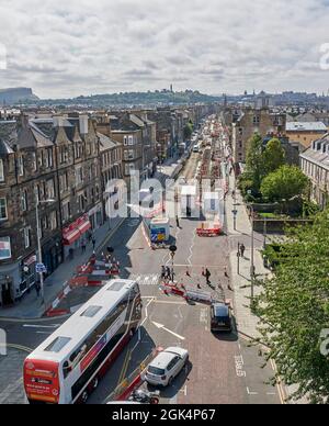 L'extension du tramway fonctionne sur Leith Walk Edinburgh, tiré d'une position élevée, Écosse, Royaume-Uni Banque D'Images