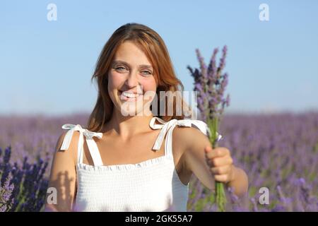 Vue de face d'une femme souriante vous offrant un bouquet de lavande dans un champ Banque D'Images