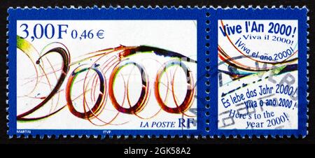 FRANCE - VERS 1999 : un timbre imprimé en France présente les meilleurs voeux pour l'année 2000, vers 1999 Banque D'Images