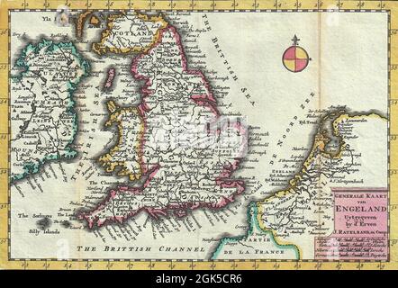 Carte antique d'Angleterre dessinée par Daniel de la feuille en 1706. Banque D'Images