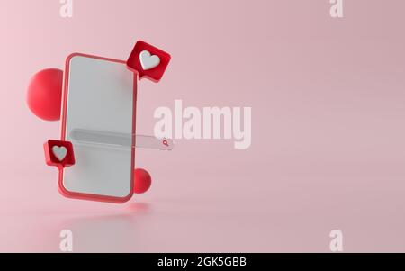 Illustration 3D du téléphone avec les médias sociaux comme le bouton de notification Banque D'Images