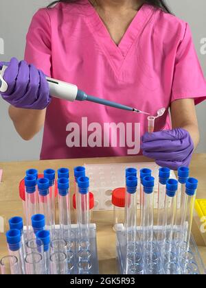 Femme injectant une substance dans un tube à l'aide d'une pipette. Banque D'Images