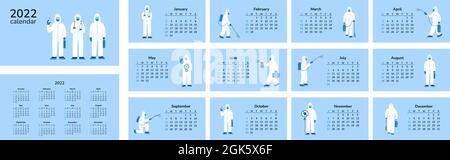 Calendrier horizontal 2022. Médecins décontamination. Bonne Année. Calendrier de poche de bureau avec personnel médical dans des masques. Pages couverture et 12 mois Illustration de Vecteur
