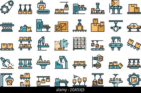 Les icônes de production série définissent le vecteur de contour. Lot industriel. Machines de masse Illustration de Vecteur