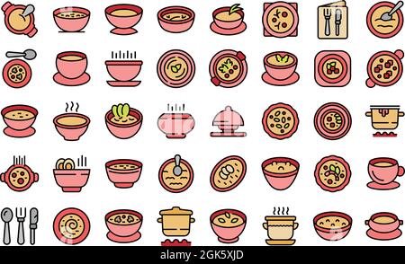 Les icônes de soupe à la crème définissent un vecteur de contour. Soupe de repas. Bol à crème Illustration de Vecteur