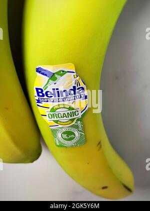 Gros plan de la marque Belinda Organic Banana, États-Unis Banque D'Images