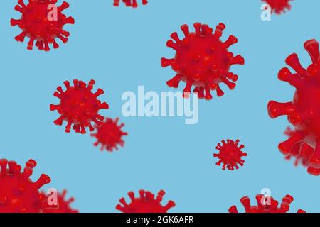 Rouge Floating pathogène Respiratory influenza covid corona virus cellule. Souche dangereuse de grippe coronavirus vue microscopique sur fond bleu. Coronavir Banque D'Images