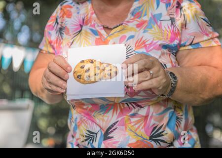 Femme montre des cartes avec glace du mot anglais et prononcez des sons et des mots. Banque D'Images