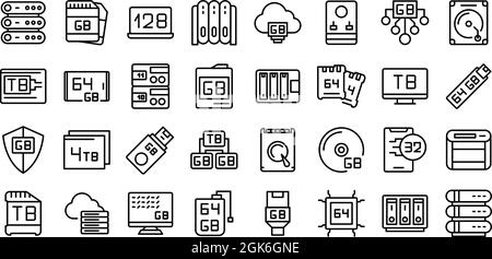 Les icônes de gigaoctets définissent le vecteur de contour. Big Data. Téraoctet de communication Illustration de Vecteur