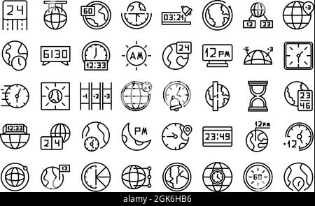 Les icônes de fuseaux horaires définissent le vecteur de contour. Heure de l'horloge. Masse calendrier Illustration de Vecteur