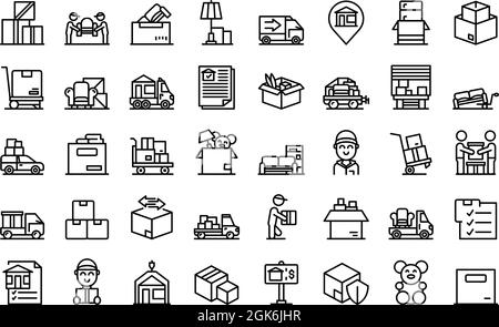 Les icônes de services de maison mobile définissent le vecteur de contour. Boîte de rangement. Déplacement de la cargaison Illustration de Vecteur