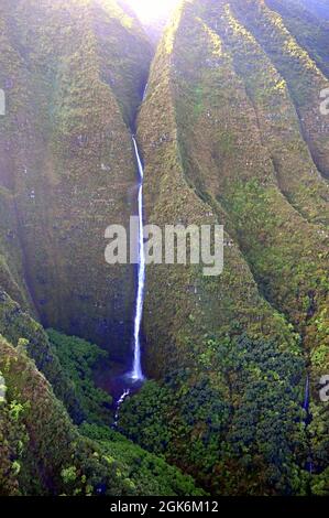 VUE AÉRIENNE DE KAUAI, HAWAII, USA... TOMBE DANS LE CENTRE DE KAUAI, LE LIEU LE PLUS HUMIDE DU MONDE Banque D'Images