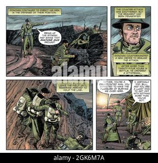 Le lieutenant-colonel William 'Wild Bill' Donovan dirige la 165e infanterie dans une attaque contre le dug-in allemand le 14 octobre dans ce panel de l'Association des États-Unis de l'armée de bande dessinée commorating the Heroism of the World War I Medal of Honor Winner qui a dirigé l'Amérique Effort d'espionnage pendant la Seconde Guerre mondiale Banque D'Images