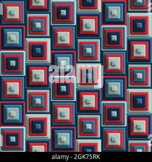 Composition géométrique multicolore de cubes 3D concentriques en rouge et bleu. Style rétro. Répétition uniforme. Banque D'Images