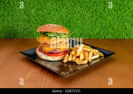 Hamburger au bœuf et au poulet double mélangé avec fromage cheddar double, arugula, mayonnaise et tranches de tomates et frites Banque D'Images