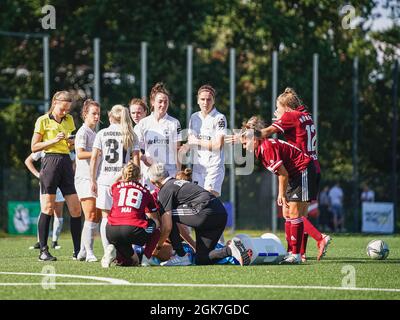 Nuremberg, Allemagne. 12 septembre 2021. Action de correspondance pendant le 2. Match Bundesliga pour femme entre 1. FC Nuernberg et SG 99 Andernach au Sports Park Valznerweiher à Nuremberg, Allemagne. Crédit: SPP Sport presse photo. /Alamy Live News Banque D'Images