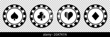 Jeu d'icônes noires de jetons de poker. Symboles de poker avec des spades, des coeurs, des diamants, des clubs. Illustration vectorielle isolée sur fond transparent Illustration de Vecteur