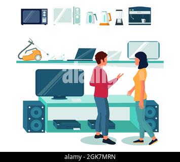 Intérieur de magasin d'électronique avec appareils électroménagers, ordinateurs, téléphones mobiles sur étagères, vendeur, acheteur, illustration vectorielle Illustration de Vecteur