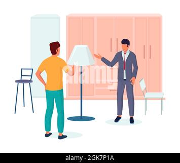 Assistant-boutique aidant le client à choisir une lampe pour l'intérieur de la chambre, illustration vectorielle.Commerce de détail de magasin de meubles Illustration de Vecteur