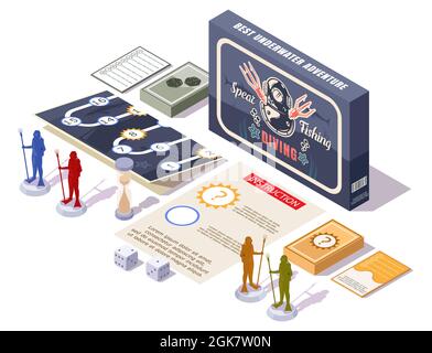 Jeu de table de pêche à la lance, illustration isométrique à vecteur plat.Pièces ou composants de jeu de table de plongée. Illustration de Vecteur