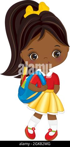 Mignon petite école African American Girl tenue sac à dos avec des accessoires. Vecteur mignon école Noir fille Illustration de Vecteur