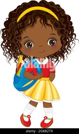 Mignon petite école African American Girl tenue sac à dos avec des accessoires. Vector School Black Girl Illustration de Vecteur