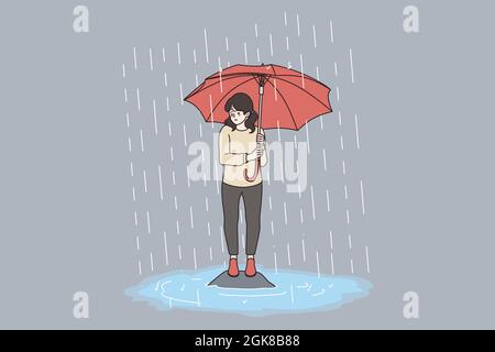 Concept mauvais temps, pluie, tempête. Jeune triste frustré fille personnage de dessin animé debout avec grand parapluie rouge sous l'illustration de vecteur d'inondation de tempête Illustration de Vecteur