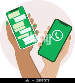 Deux mains d'une femme tenant un smartphone avec l'écran de chat de Whatsapp. Illustration vectorielle. Couleurs plates. Illustration de Vecteur