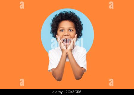 Oh mon dieu, wow! Portrait d'un garçon émerveillé regardant l'appareil photo avec une expression choquée et gardant les mains sur le visage, criant dans la surprise. Prise en studio en intérieur Banque D'Images