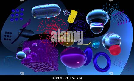 Formes 3D faites de différents matériaux, en lévitant, en rendu 3D Banque D'Images